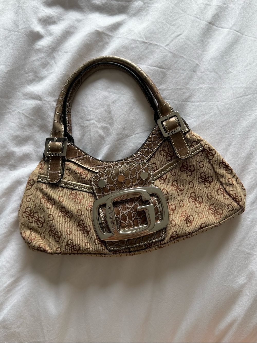 Y2K GUESS Tan Brown Monogram Mini Clutch Bag Croc Buckle RARE Silver Purse